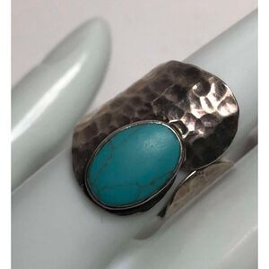 1162 Sterling Silver 925 signed HOB Turquoise hammered wrap ring sz 7  6.4 grams